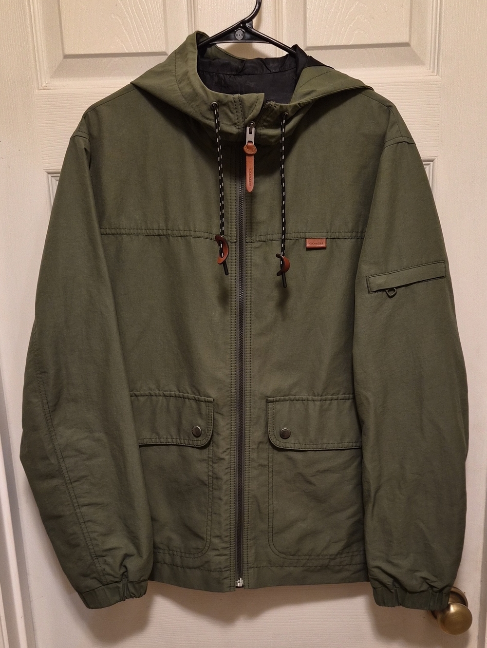Coach Olive Green Hooded Field Jacket with Leather Trim